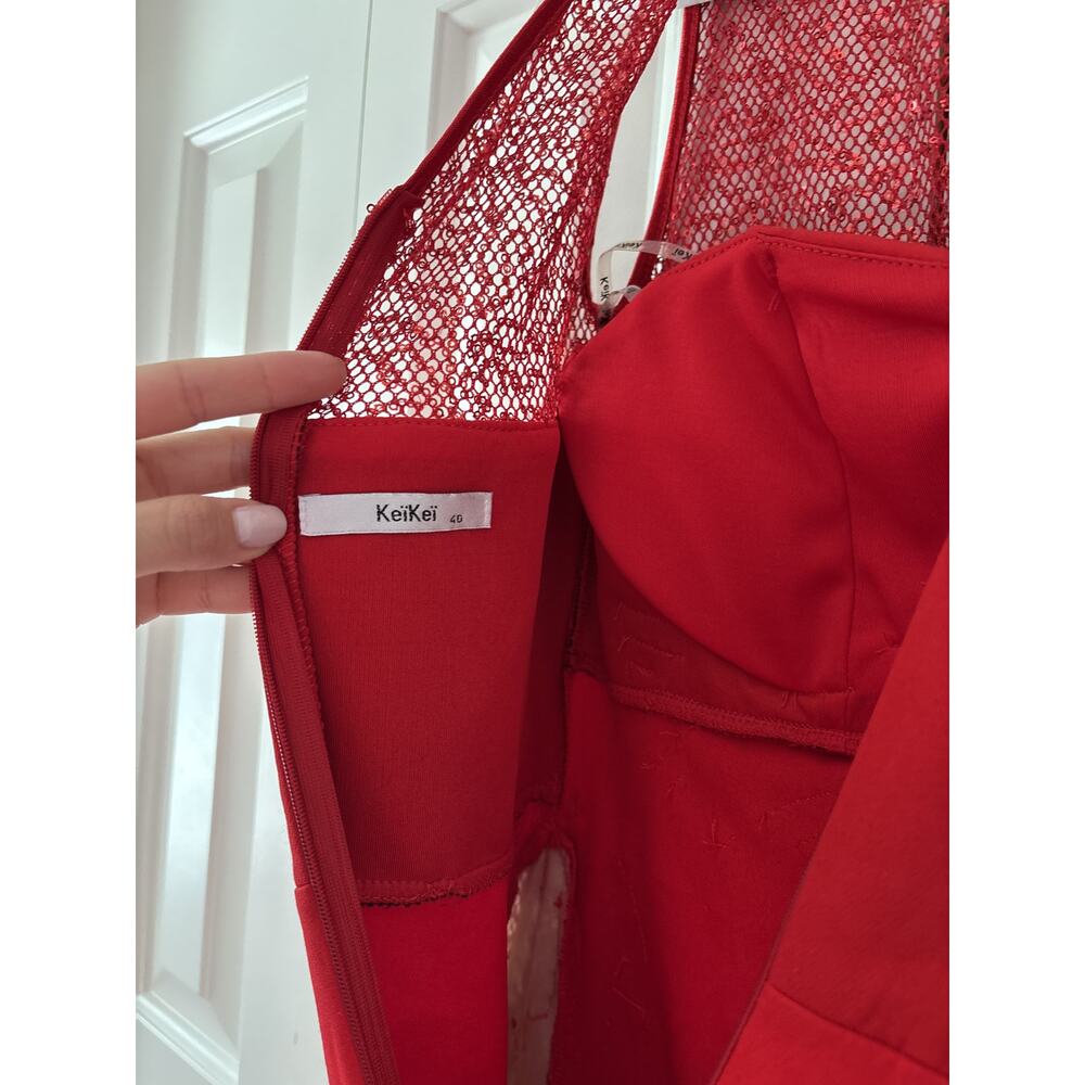 Red Sleeveless Sequin Evening Gown with Lace Detail - Picture 10 of 10